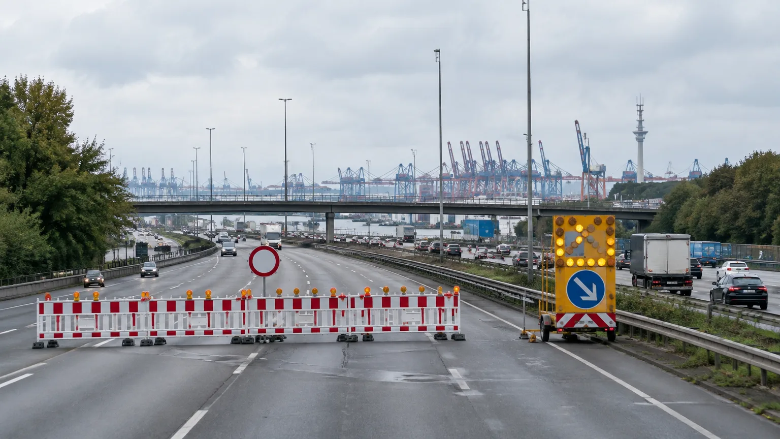 Rot-weiße Absperrungen versperren mehrere Fahrspuren einer Autobahn.