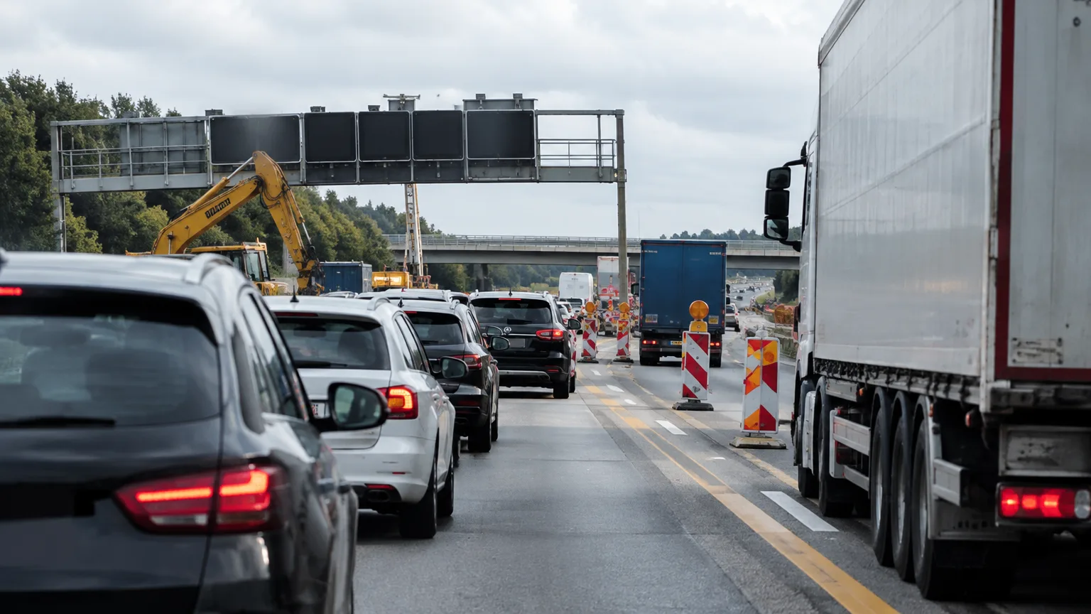Autos und Lastwagen stehen dicht hintereinander auf einer Autobahn vor einer Baustelle.